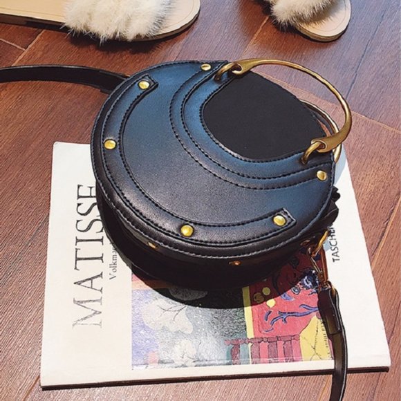 Black Leather Circle Bag - Crossbody Small Leather Bag - Round Shoulder Bag - Picture 5 of 9